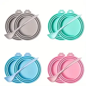 Set of 3 Sealed Silicone Pet Food Jar Lids with Spoon Lid Lock and Built-in Spoon Slot - Turquoise Blue, Grey, Pink Can Opener Friendly Seal for Fresh Wet Dog Food and Cat Food Storage Containers (Compatible with Most Cans)