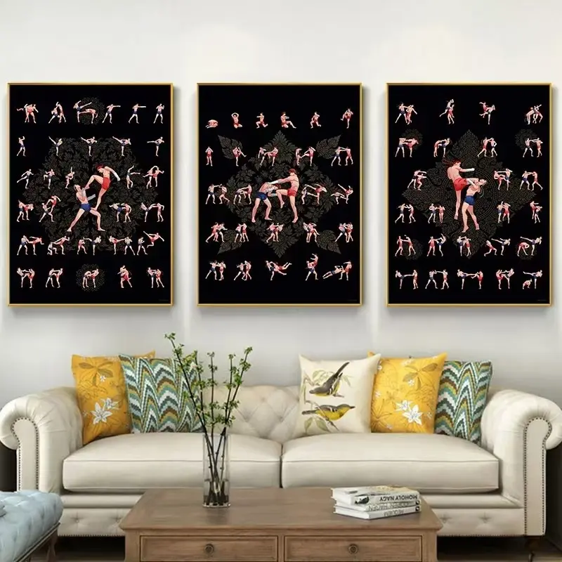 3pcs Muay Thai Boxing Motivational Wrestling Poster Canvas Painting Fighting Skills Chart Wall Art Print Artwork Living Room Home Decor Unframed