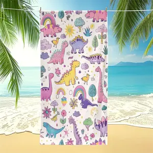 Cartoon Dinosaur-Themed Beach Towel, Hand-Painted Dinosaur/Rainbow Print, Lightweight and Sand-Resistant, Foldable and Portable, Durable and Washable, Colorfast, Perfect for Summer Outings and Playful Decorations.