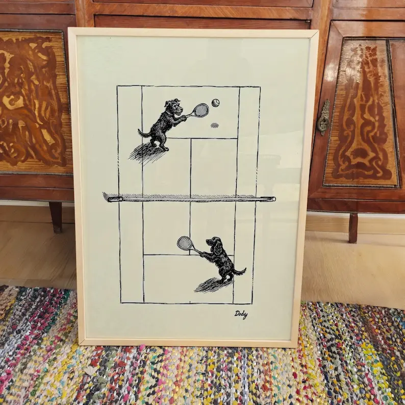 Dogs Playing Tennis Ink Drawing Print, Vintage Style Black and White Wall Art poster