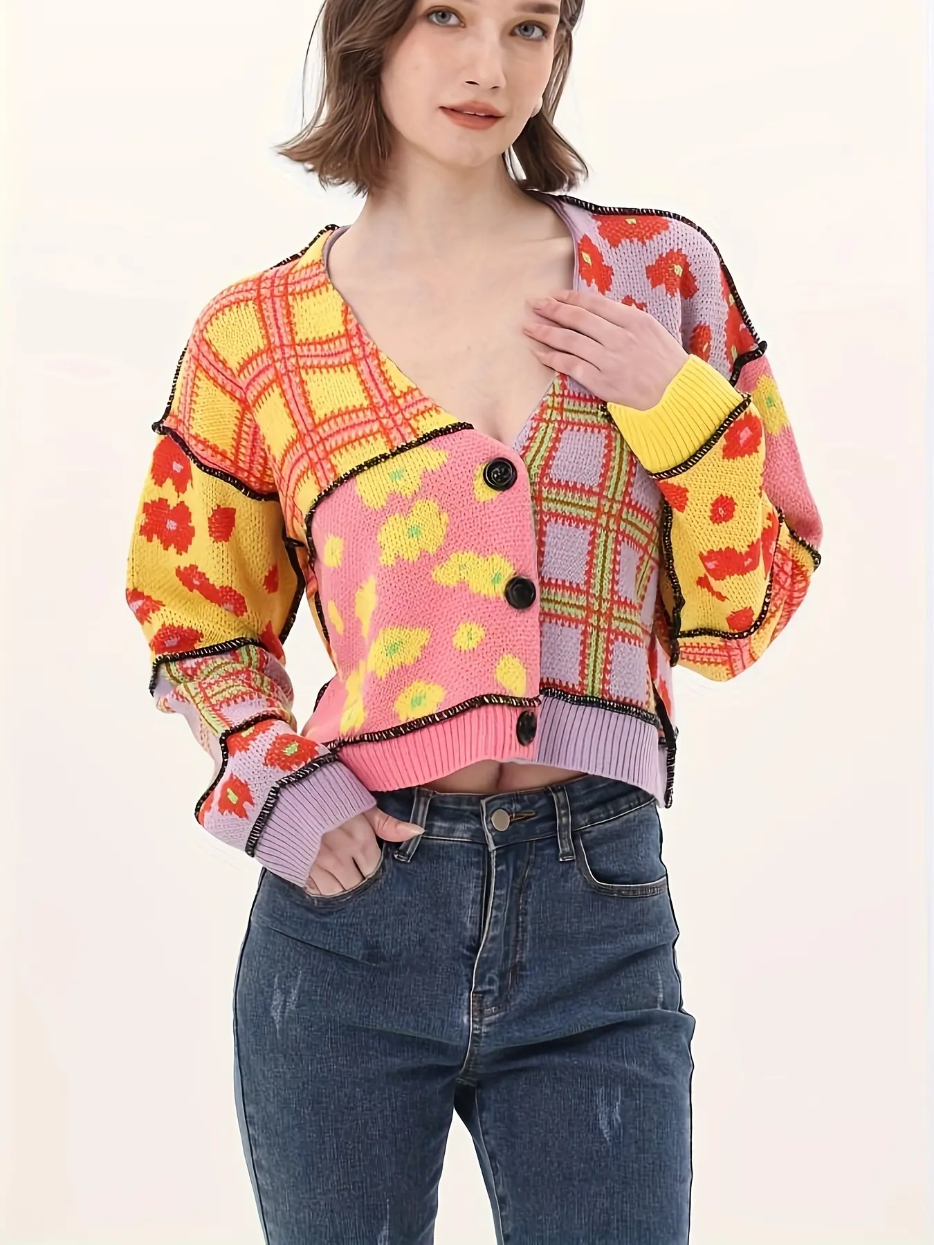 Y2K Women's Knitted Cardigan, Multi-Color Options, Colorful Small Flower Striped Plaid Patchwork Long Sleeve Sweater Jacket