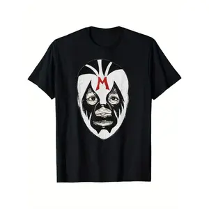 Men's Mil Mascaras Mexican Movies Wrestler Legend Tee, 180g Cotton Fabric Casual Top, Short Sleeves, Relaxed Fit Fitted Crewneck