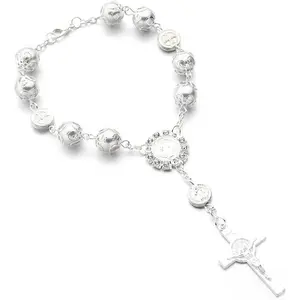 Car Rosary for Rearview Mirror Personalized Cross Blessing Beads Decor Catholic Rosary Hanging Pendant Car Interior Hanging Accessories (Silver)
