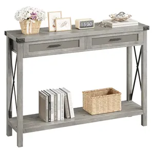 Boho Rattan Console Table – 43" Narrow Wood Sofa Side Table with 2 Drawers and Storage Shelf – Modern Farmhouse Accent Furniture for Entryway, Hallway, Living Room, Foyer