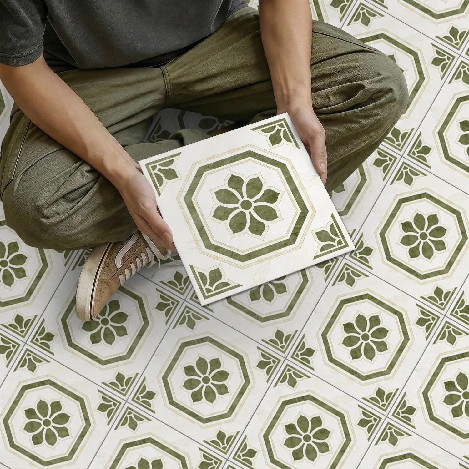 Vintage Floral Decorative Tile Sticker, Simple Geometric Design, Self-Adhesive, Waterproof, No Residue, Modern Home Upgrade Choice, Decoration, Flower, Decal Sticker