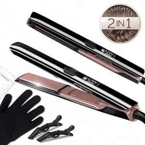 1PCS 2-in-one titanium hair straightener, curling iron, Hair straightening iron, improves frizzy hair, fast PTC heating suitable for all hair types, 260℃ LCD display heating plates, comes with anti-scald glove and hair clips