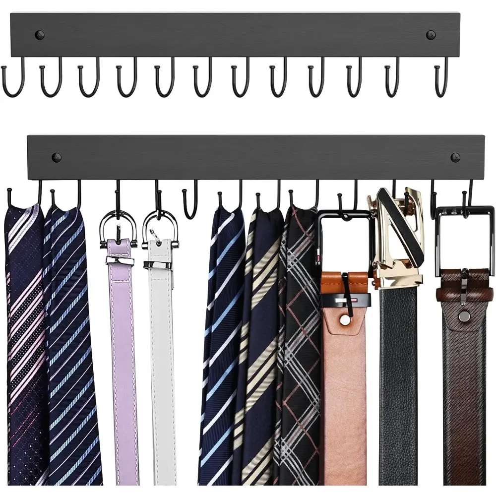 Belt Hanger Wall Mounted, Wooden Belt Organizer 2 Pack Max 24 Storage Capacity, Versatile Organizer, 180° Rotating Space Saving Hangers for Ties, Tank Tops, Scarves, Bras, Keys, Bags Space Saver Organizer Halloween Black