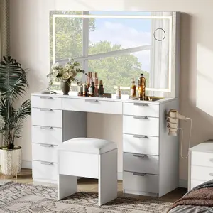 White Vanity Desk Set with XL LED Mirror, Glass Top, and 11 Drawers, 46'' Makeup Vanity with Storage Stool and Power Outlets