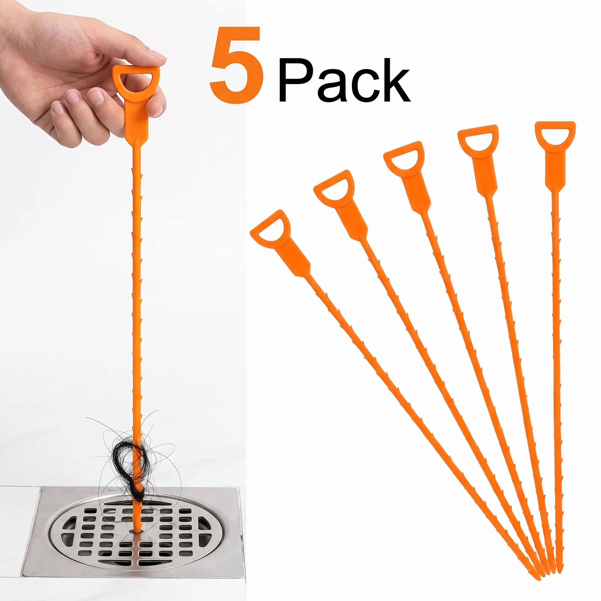5 Pack Barbed Hook Drain Cleaner | Flexible Reusable Drain Tool for Pulling Hair & Lint Out of Bathroom & Kitchen Drains