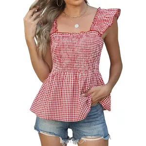 Womens Tank Tops Fashion Summer Ruffle Flying Sleeve Smocked Blouses Square Neck Sleeveless Shirts Babydoll Shirt