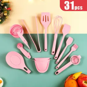 Kitchen Utensils Set 31Pcs Silicone Baking Cooking Utensils Set, Heat Resistant SiliconeKitchen Spatulas Set with Holder, Pink CookingGadgets Tools Set for Nonstick Cookware