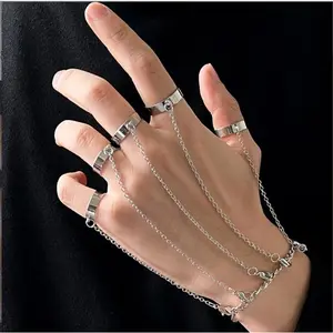 Gothic Punk Hand Chain Bracelet with Finger Rings – 5 Connected Chains Slave Bracelet, Minimalist Link Chain, Adjustable, 2 Colors, for Women, Perfect for Party & Daily Wear
