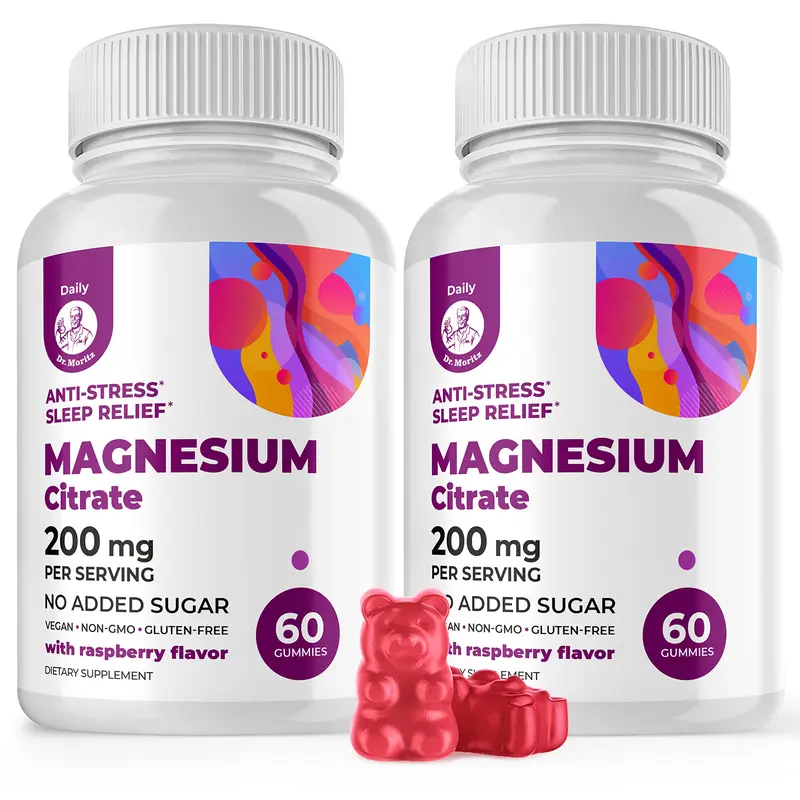 DR. MORITZ Sugar-Free Magnesium Chewables for Adults - Raspberry Flavor, 200mg Double Pack (120 Total), Non-GMO Stress Reliever, Kid-Loved Magnesium Mineral Supplements for Sleep & Brain Support