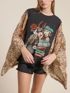 Womens Vintage Western Leopard Patchwork Batwing Sleeve Top – Oversized Boho Cowgirl Graphic Tee, Rodeo Country Concert Outfit, Casual Loose Streetwear Blouse
