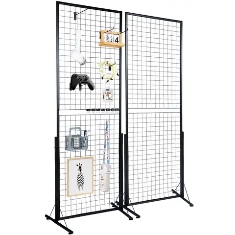 VEVOR 2'x5.6' Hangable Grid Wall Panel Tower Set, 2-Pack Floorstanding Wire Gridwall Display Racks with T-Base, Double-Side Panels for Art Craft Shows, Retail Decor & Photo Display, Easy Installation with Extra Clips & Hooks