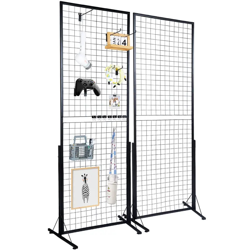 VEVOR 2'x5.6' Hangable Grid Wall Panel Tower Set, 2-Pack Floorstanding Wire Gridwall Display Racks with T-Base, Double-Side Panels for Art Craft Shows, Retail Decor & Photo Display, Easy Installation with Extra Clips & Hooks