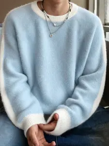 Autumn Winter Warm Casual Loose Patchwork Colorblock Unisex Knit Sweater, Long Sleeve Round Neck Drop Shoulder Simple Design Top Knitwear