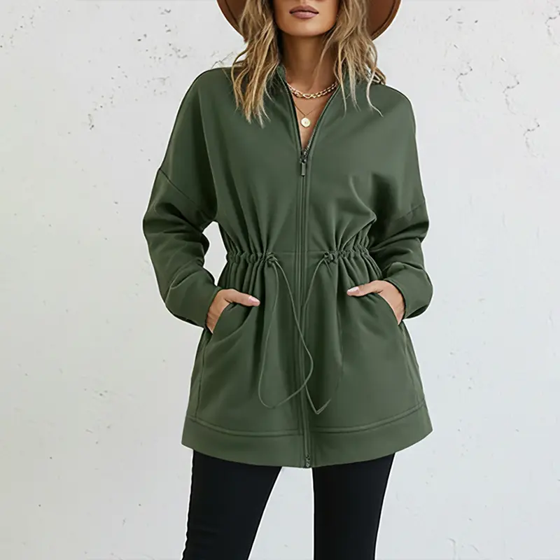 CHICME Long Sleeve Waist Drawstring Hooded Coat Casual Loose Fit Cardigan Jacket with Pockets CHICME Long Sleeve Waist Drawstring Hooded Coat Casual Loose Fit Cardigan Jacket with Pockets