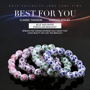 Chinese blue-and-white porcelain bracelet | Handmade beaded floral bracelet