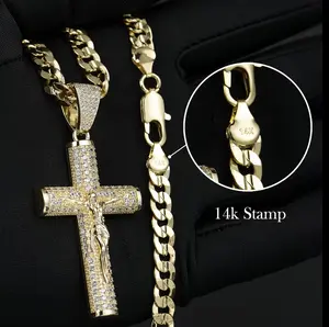 14k Real Gold-Plated Alloy Base Necklace - Cuban, Figaro Chain, Miami Cross with Jesus Christ Crucifix, 24in Long 6mm Wide, Handcrafted Polished Multiple Electroplating, Daily Wear, Father's Day Gift (Men's Accessories, Accessories for Women)