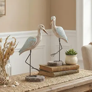 One Leg Standing Blue Winged Seabird Wooden Figurine, Mediterranean Style Wood Craft Ornament for Home Garden Decor, Rustic Tabletop Accent