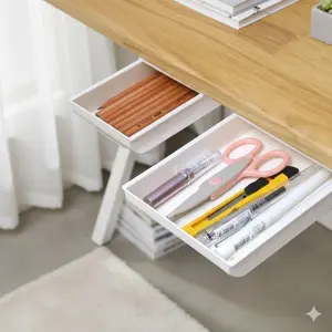 Self-Adhesive Under Desk Organizer, Detachable Drawer Marker Pen Holder & Makeup Storage Box, Multi-Size Hidden Desktop Tray for Office Home Organization