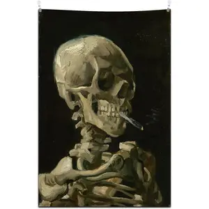 Vincent Van Gogh Skull Tapestry for Bedroom, Tapestry Wall Hanging Van Gogh (Skull with Cigarette, 1885) Skeleton Wall Tapestries for Living Room Home Decor 40'' × 60''