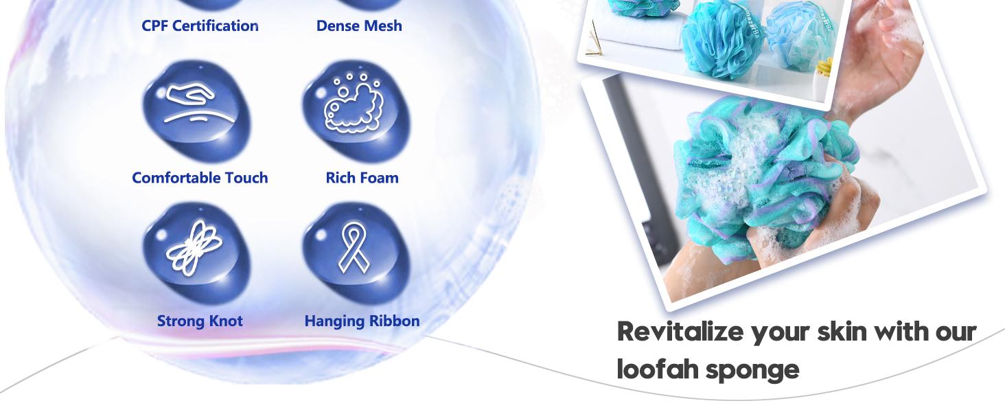 Loofah Sponge 75g/Piece, Exfoliating Bath Sponge Body Scrubber - Loofa Set of 4 Flower Color (Large, Green-Purple)