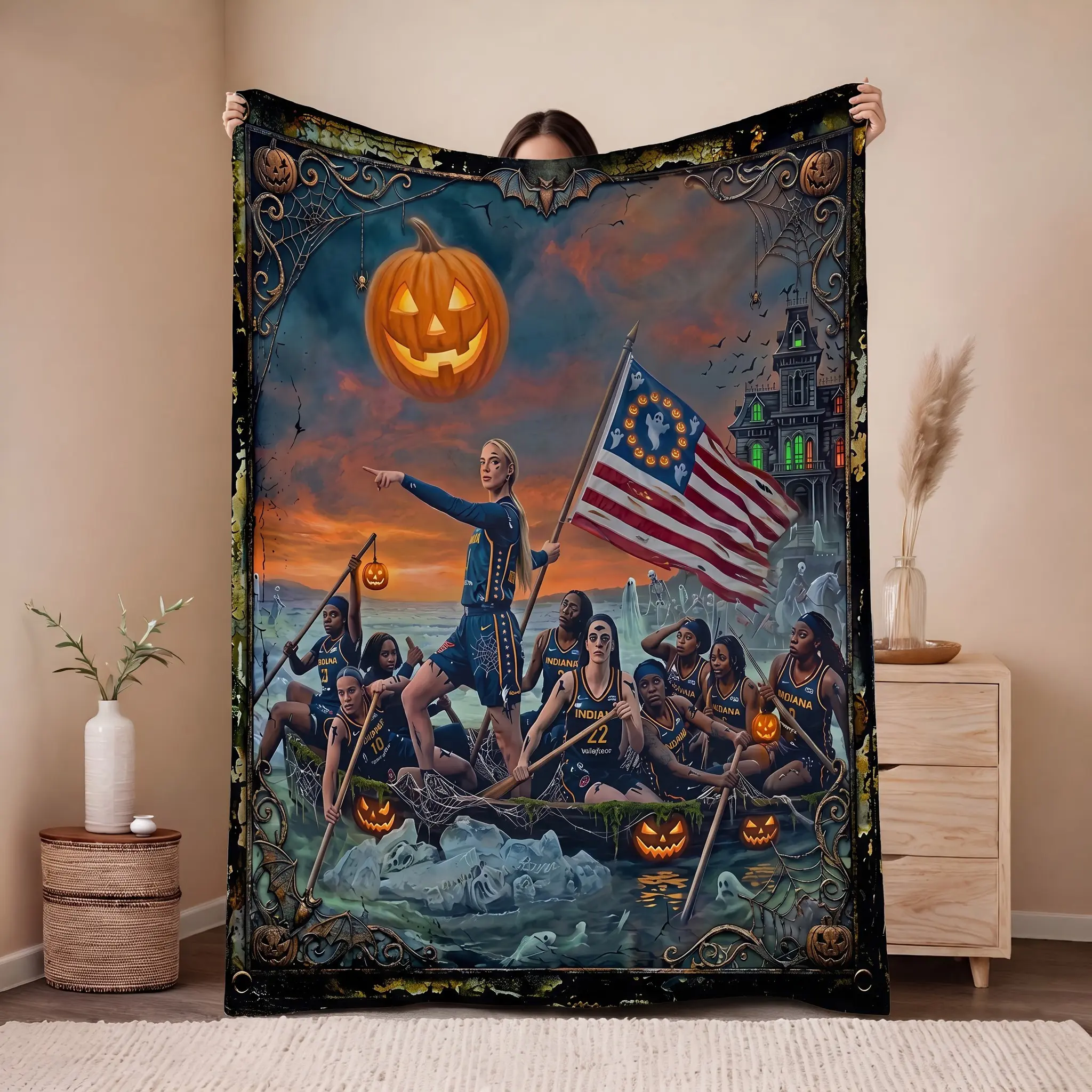 Sophie Clark Crossing The Delaware Sherpa Balnket, Indiana Women's Basketball, Women Basketball Team Mascot Blanket, Senior Graduation Gift, College Dorm Blanket