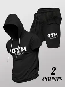 Men's Two-Piece Gym Workout Set, Hooded Short Sleeve Tee & Layering Shorts, Ideal for Training, Fitness, Running, Streetwear, Fitness Training Clothes