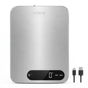 Ultrean 33lb Smart Food Kitchen Scale,IPX67 Waterproof,TYPE-C Rechargeable,App-compatible|Digital scale with grams & ounces,7 weight units,LED Display,tare,ideal for baking,meal prep,304 Stainless Steel,Silver