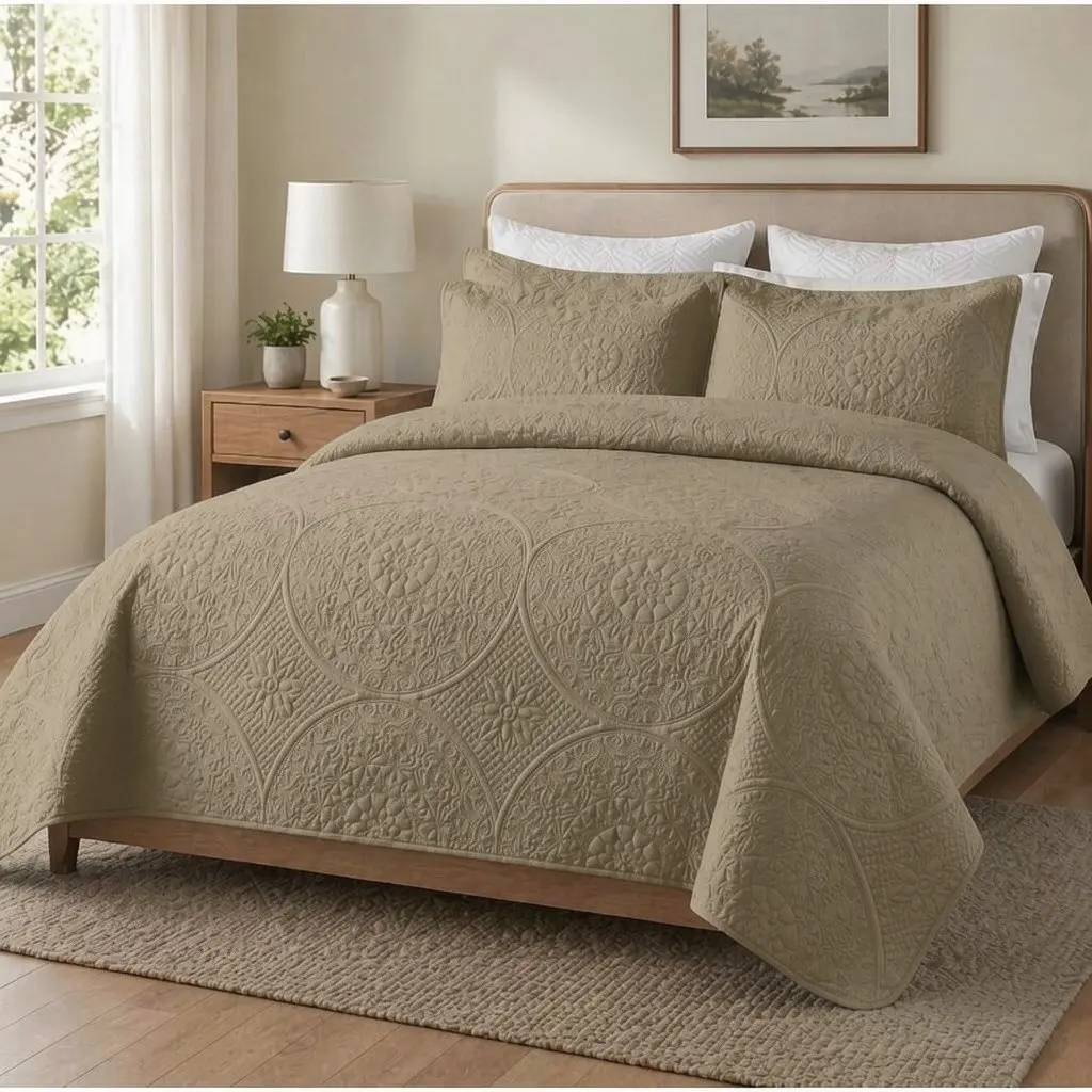 Lightweight Microfiber Bedspread, Soft Ultrasonic Quilted Coverlet, Modern Coin Pattern Bedding Set, Soft Quilt for All Seasons, 2 Piece with Pillow Sham