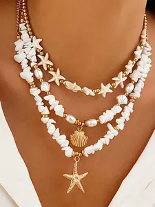 3pcs/Set Casual Elegant Minimalist Starfish Pearl Shell Multi-Layer Pendant Necklace, Versatile Beach Ocean Style Jewelry For Women