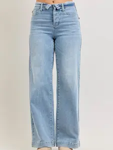 Judy Blue Mid Rise Retro Wide Leg Jeans with Fold-over Waistband