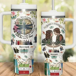 Outlander TV Series Tumbler With Handle 40oz, Movie Character Tumbler 40oz, Couple Match 40oz Tumbler, Vintage Scottish Thistle Floral Stainless Steel Cup