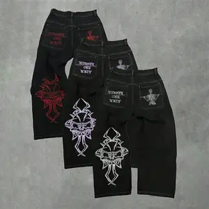 Men's street hip-hop fashion with skull embroidery on the back of straight-leg jeans Streetwear