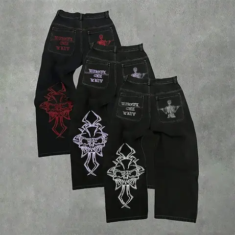 Men's street hip-hop fashion with skull embroidery on the back of straight-leg jeans Streetwear