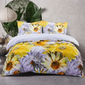 Bedsum Microfiber Sunflower Printing Duvet Cover Set,Ultra Soft Comforter Cover Set with Hidden Zipper and Corner Ties