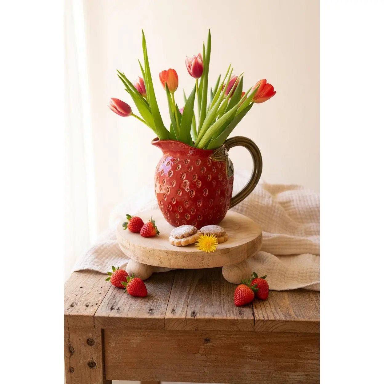 Ceramic Strawberry Pitcher with Glazed Textured Finish – Cottage Summer Serving Décor