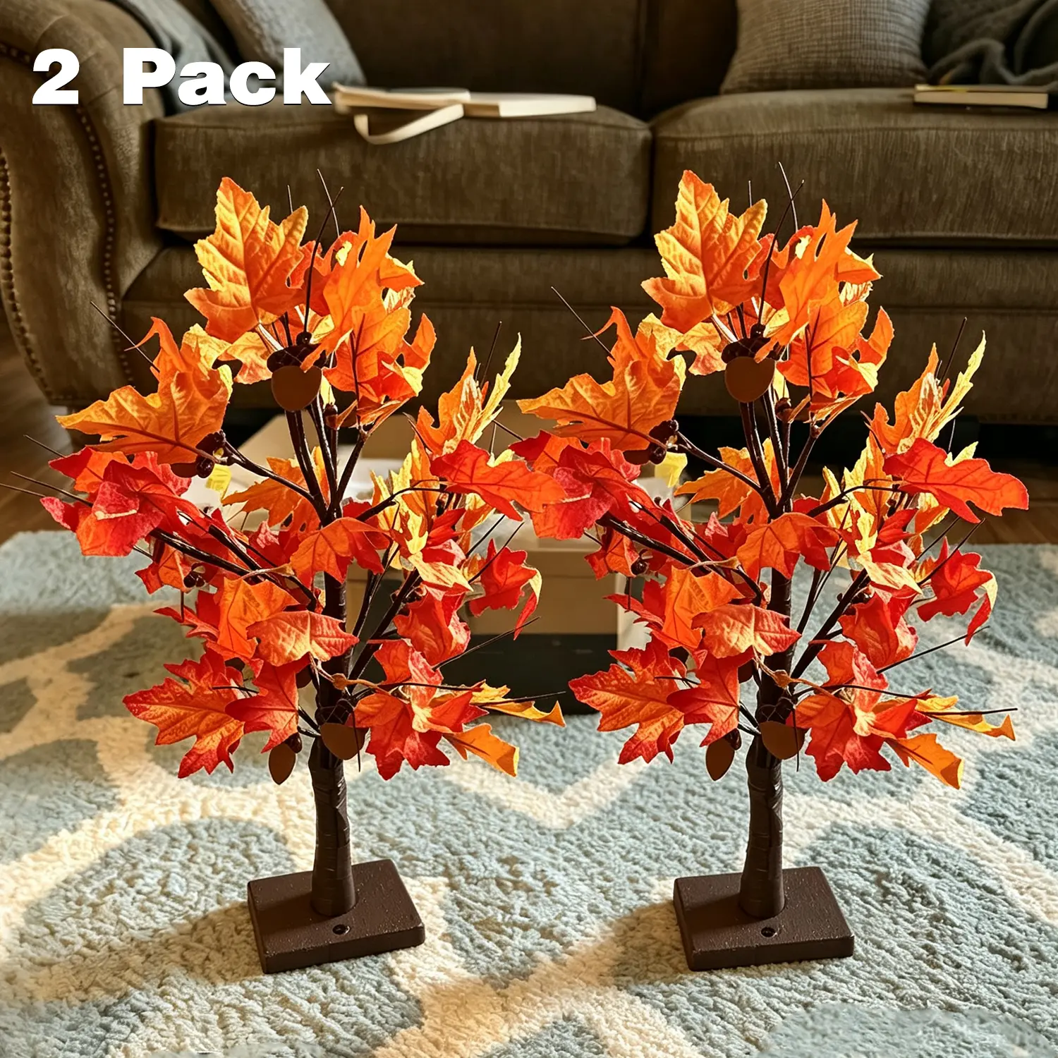 24-Inch Halloween Room Decor- Black Spooky Light-Up Trees With Orange& PurpleGlow, 2025 New Halloween Release- Indoor Decor For Family Parties, Includes 12 Free Halloween Hanging Ornament