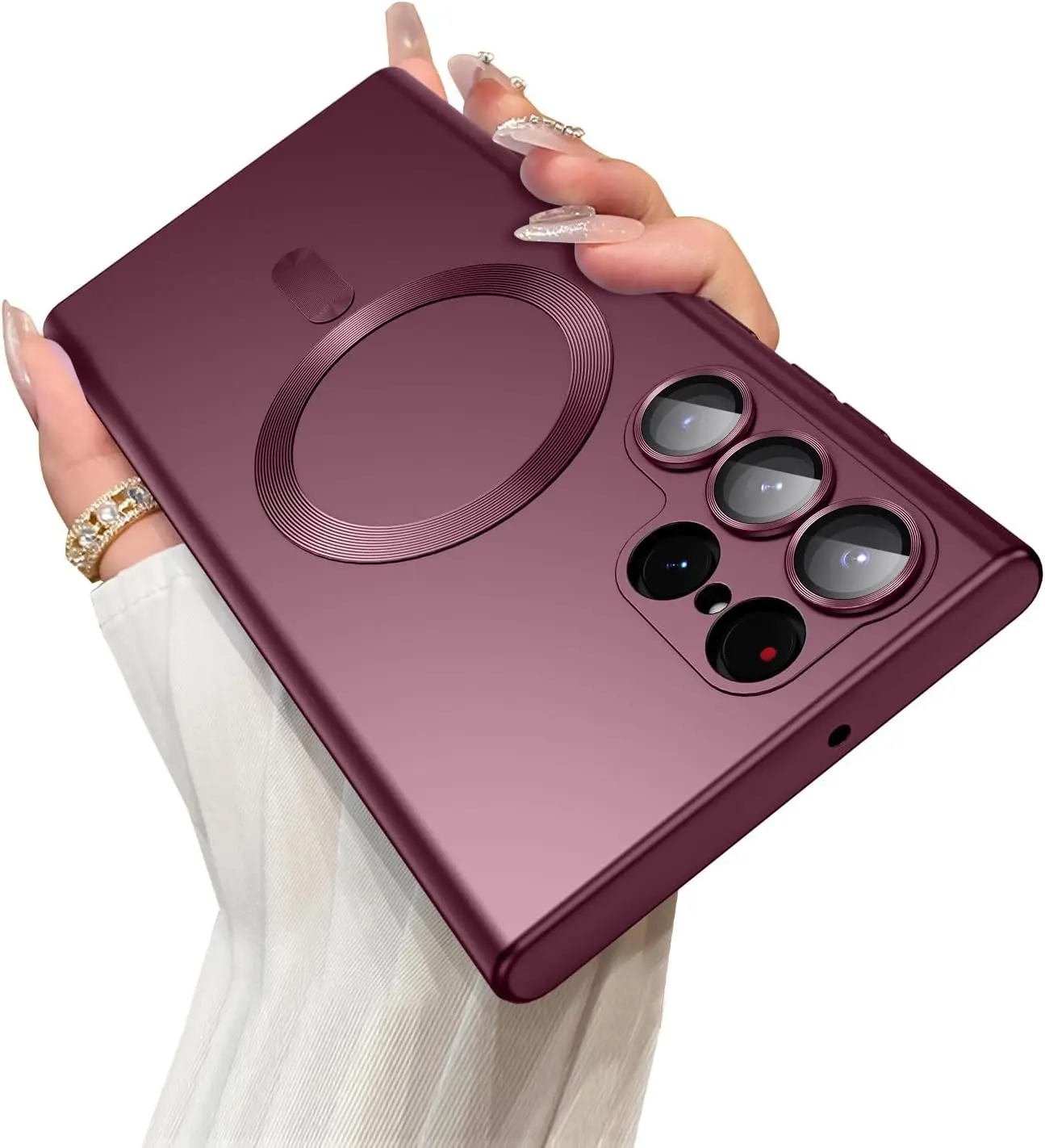 Magnetic for Samsung Galaxy S22 Ultra Case [Compatible with MagSafe][Built-in Camera Lens Protector] Slim Soft Silicone Bumper Shockproof Metallic Luster Phone Case (Burgundy)
