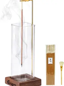 Ceremony Incense Holder, Wooden Incense Holder for Sticks with Glass Ash Catcher, Anti-ash Incense Burner with 20 Incense Sticks and a Ash Brush for...