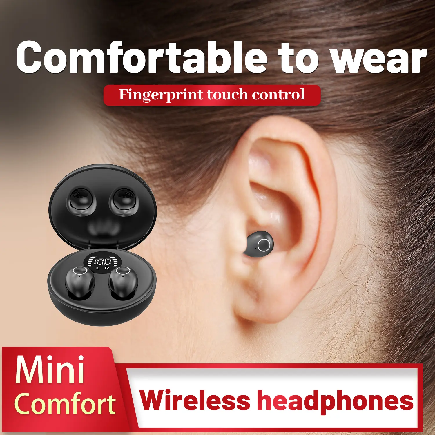 Lightweight wireless earphones, mini sleep Bluetooth earphones, compact design, clear sound, ultra long battery black audio electronic earphones, suitable for wireless in ear Bluetooth earphones in travel offices