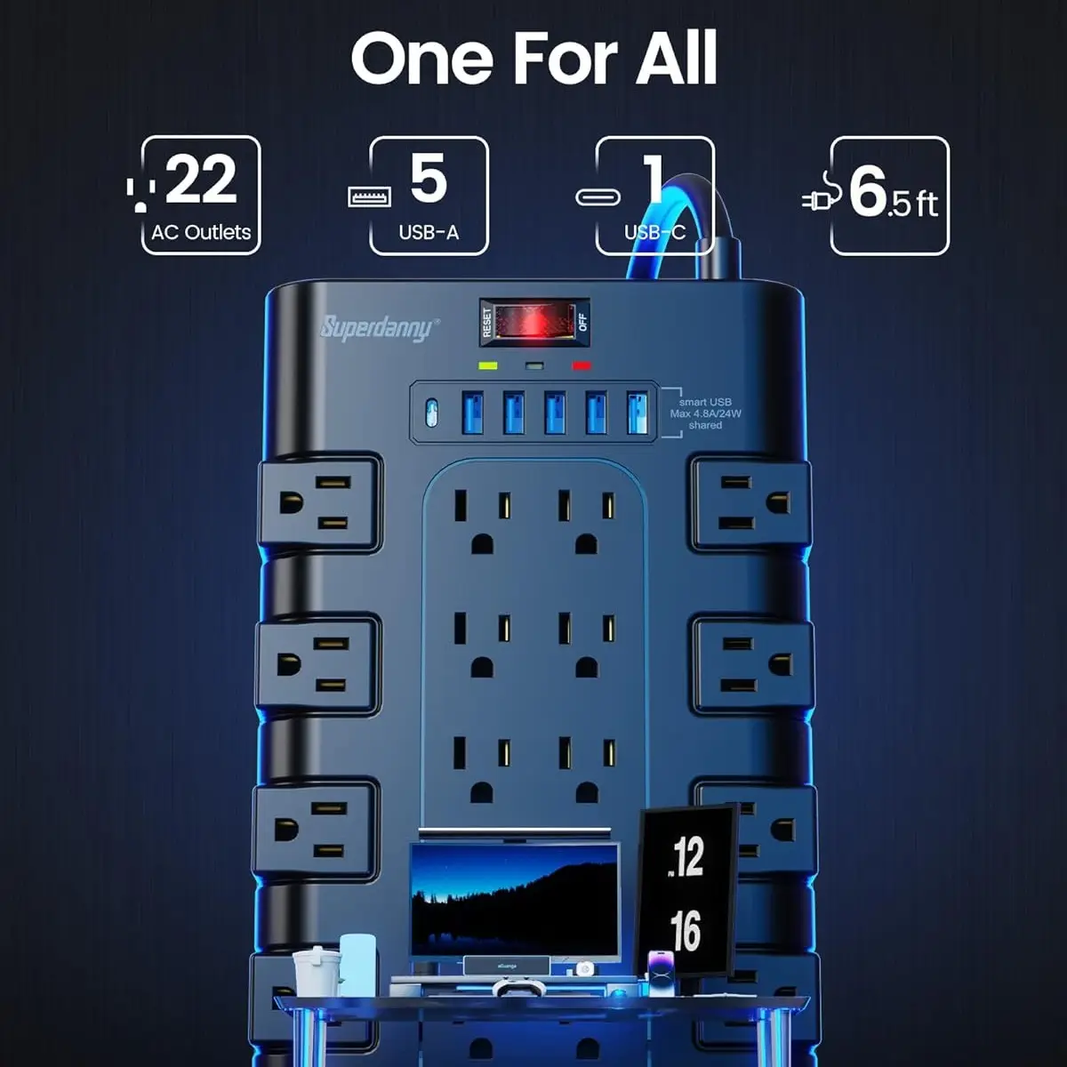 SUPERDANNY 22 Outlet Smart Power Strip with 6 USB Ports 1875W/15A Heavy Duty Extension Cord 2100J Surge Protector Ultra Thin Flat Plug Design Wall