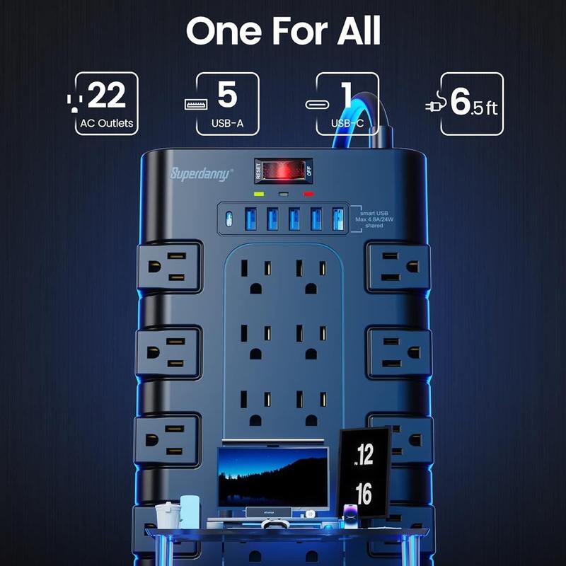 SUPERDANNY 22 Outlet Smart Power Strip with 6 USB Ports 1875W/15A Heavy ...