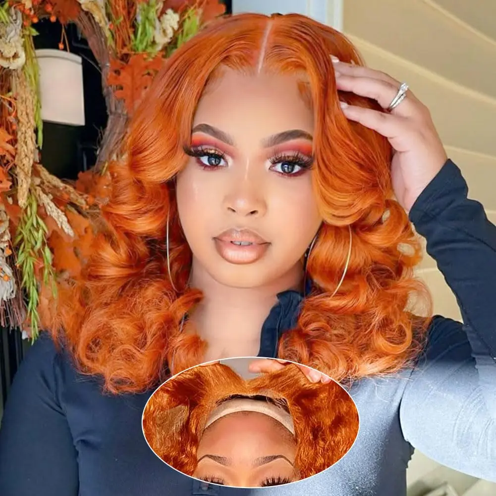 Ginger Bob Wig Human Hair 180% Density 13x4 350 Ginger Body Wave Lace Front Wigs Human Hair Pre Plucked Short Wigs for Black Women Glueless Frontal Wig Human Hair Loose Wavy 14 inch