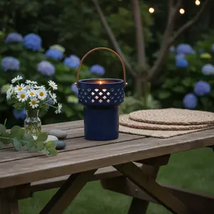 6.5IN LED Clouds Ceramic Lantern with Leather Handle Handcrafted Artisan Decorative Matte Navy