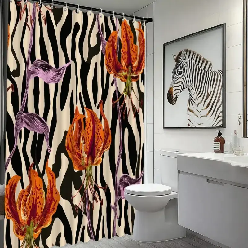 Retro Orange Floral Botanical Shower Curtain, Orange Lily and Zebra Print Pattern Polyester Fabric Bathroom Decor Farmhouse Shower Curtains for Bathroom Holiday Gift Machine Washable Includes Hooks for Bathtub Partition