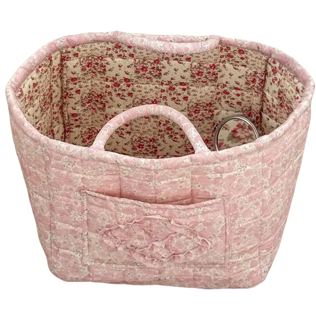 Quilted Cotton Floral Laundry Basket - Square, Classic, Durable French Country Decor Laundry Organizer, Handheld, Foldable, Lightweight, Elegant Home Storage Baskets for Dirty Clothes, Snacks