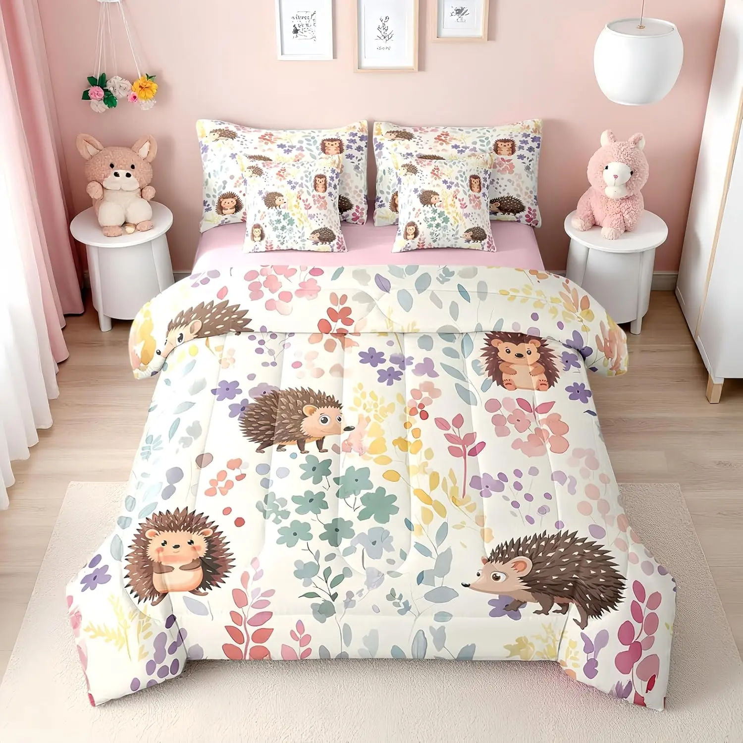 Feelyou 7-Piece Hedgehog Bedding Set - Soft Warm Bed-in-a-Bag with Fitted Sheets, Cute Animal Prints, Soft Comfy Cartoon Printed Blanket, Halloween Room Decor, Multi-Size Options for Kids, Soft Comfy Blanket, Animals